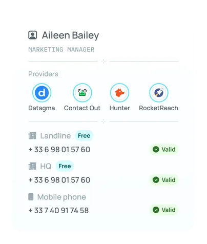 A contact enriched through Datagma, Contact Out, Hunter and RocketReach, with verified phone numbers